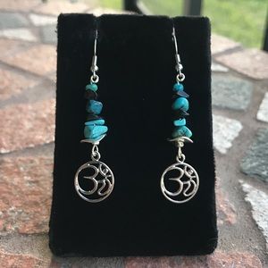 Genuine Turquoise & onyx boho om sign dangly earrings / Boho / Handmade